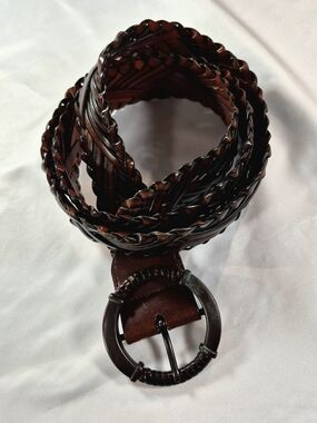 Vintage Brown Braided Wide Leather Belt with Round Buckle - XL Boho Western